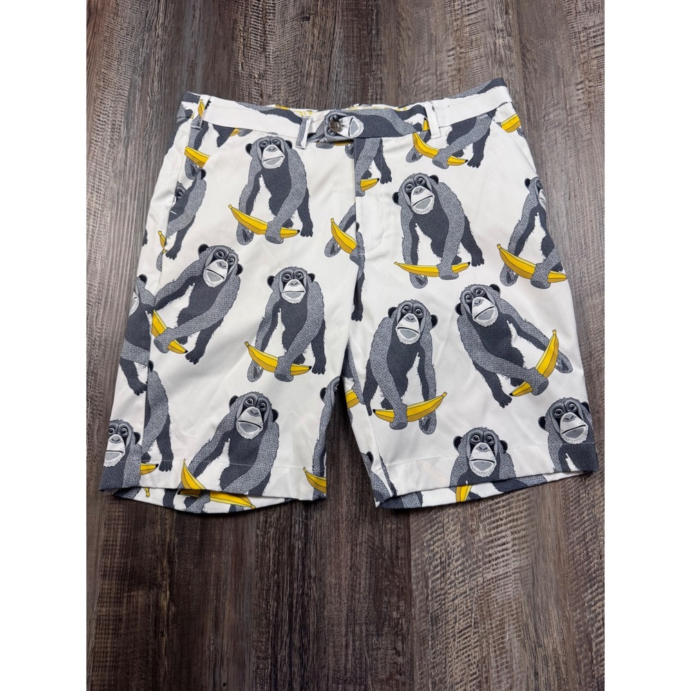 Loudmouth Golf Shorts Mens 36 White Monkey Banana Chimpanzee Print Flat Front